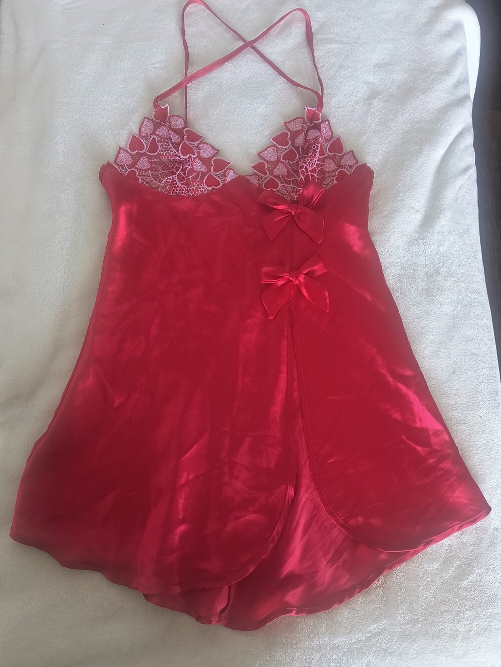 Frederick's of Hollywood Heart Slip Gown Size S Red Lace Bow Adjustable Straps